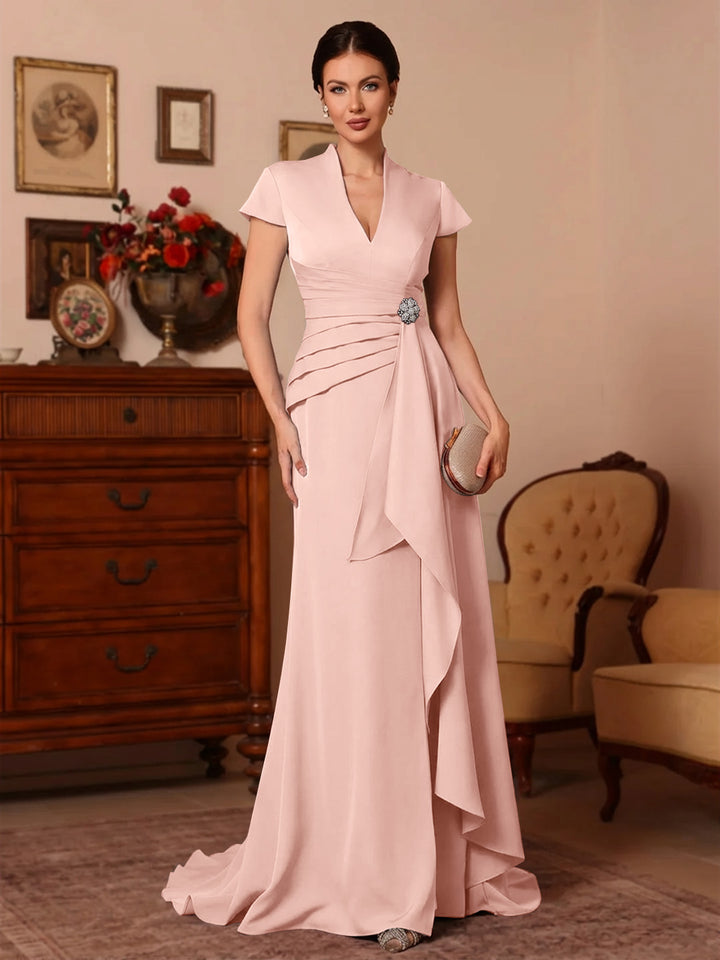 Trompette/Sirène Col en V Satin Extensible Robes Mère de La Mariée Manches Courtes Longueur du Sol Froufrous