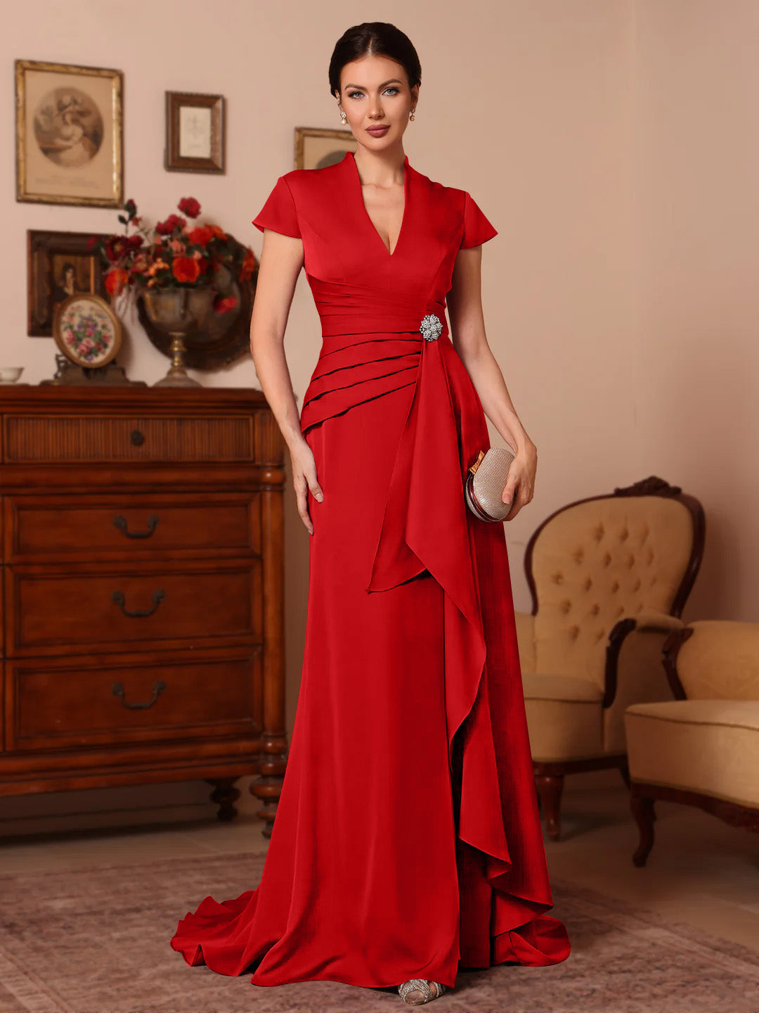 Trompette/Sirène Col en V Satin Extensible Robes Mère de La Mariée Manches Courtes Longueur du Sol Froufrous