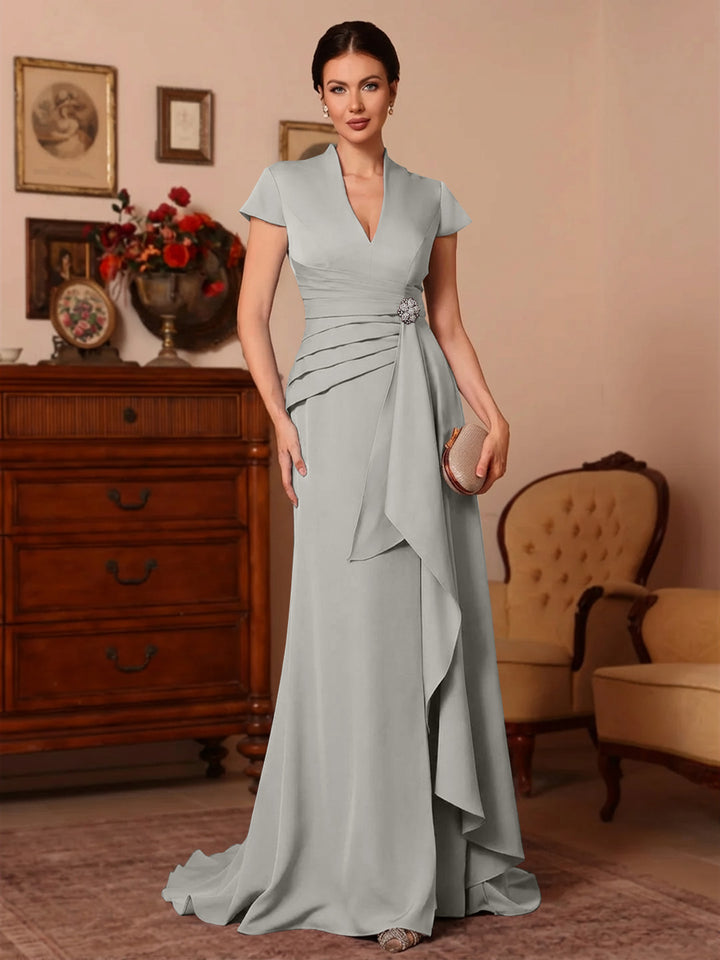 Trompette/Sirène Col en V Satin Extensible Robes Mère de La Mariée Manches Courtes Longueur du Sol Froufrous