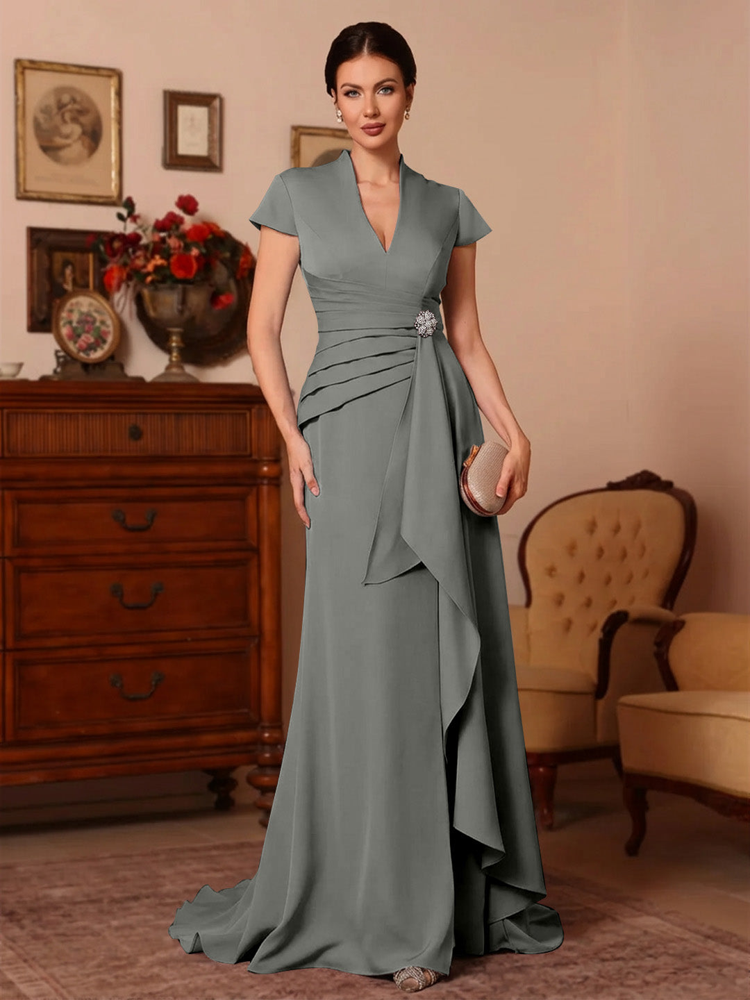 Trompette/Sirène Col en V Satin Extensible Robes Mère de La Mariée Manches Courtes Longueur du Sol Froufrous