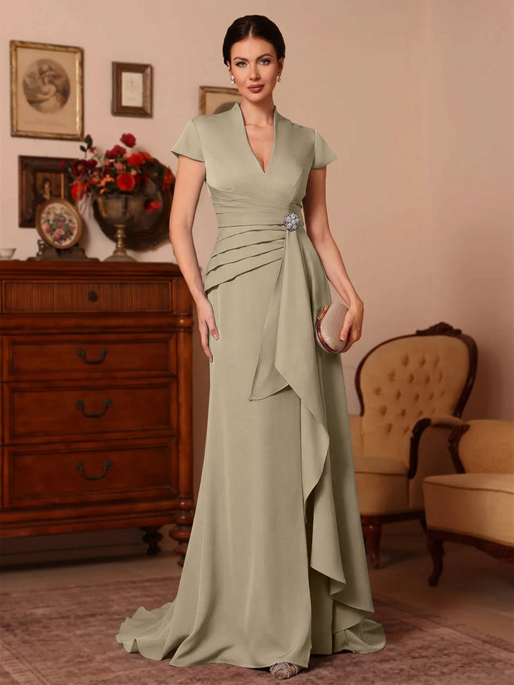 Trompette/Sirène Col en V Satin Extensible Robes Mère de La Mariée Manches Courtes Longueur du Sol Froufrous