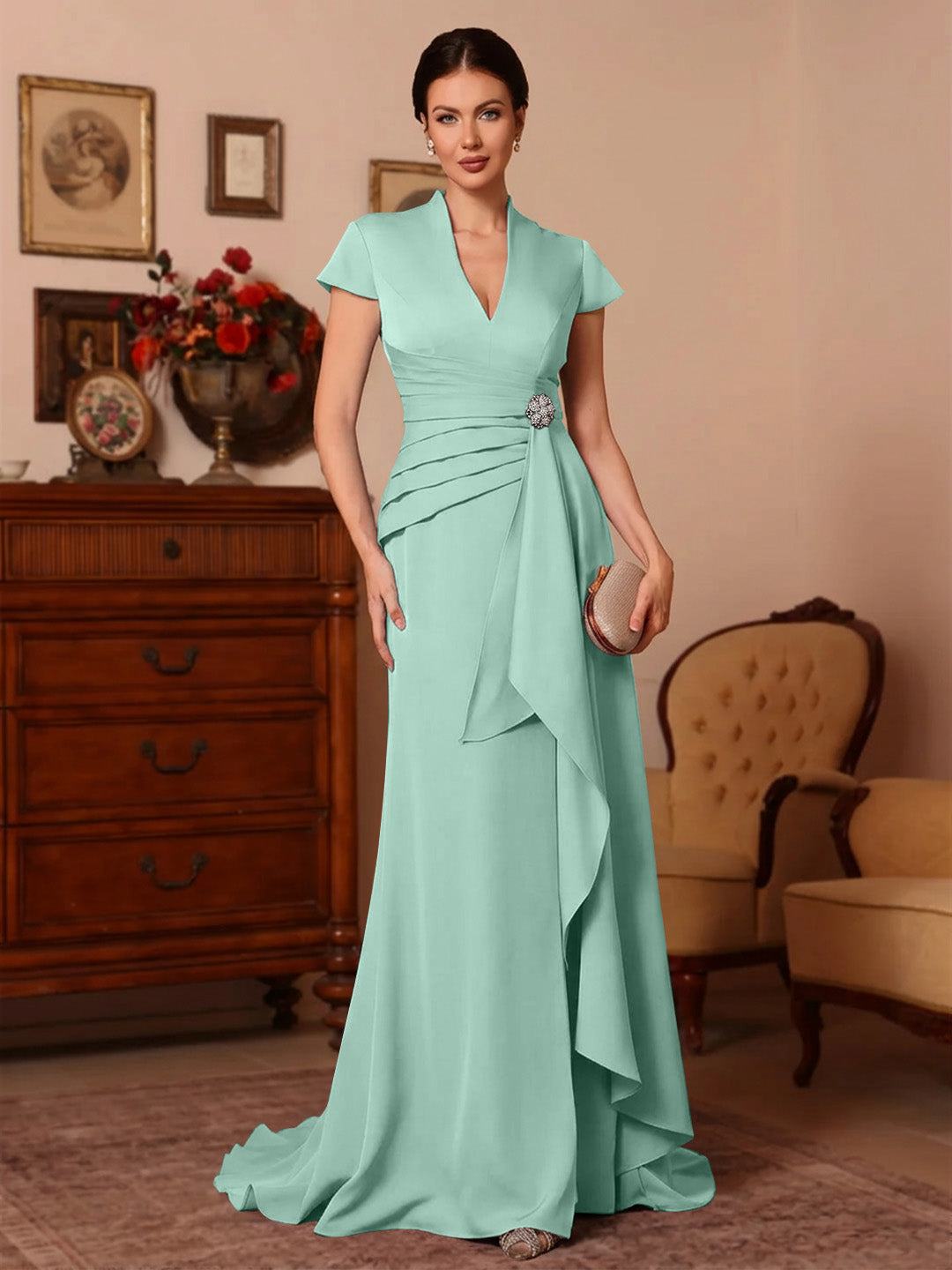 Trompette/Sirène Col en V Satin Extensible Robes Mère de La Mariée Manches Courtes Longueur du Sol Froufrous