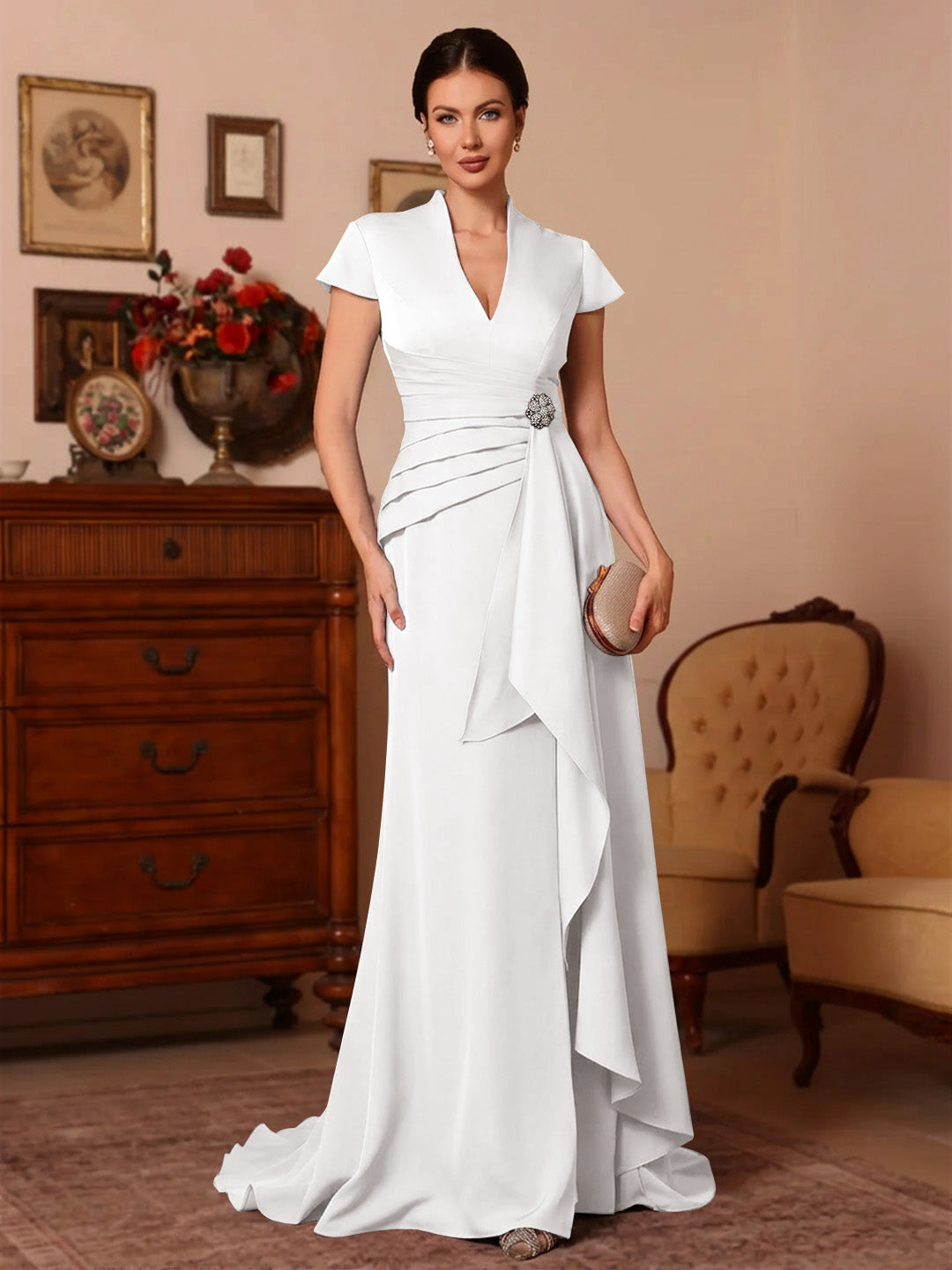 Trompette/Sirène Col en V Satin Extensible Robes Mère de La Mariée Manches Courtes Longueur du Sol Froufrous