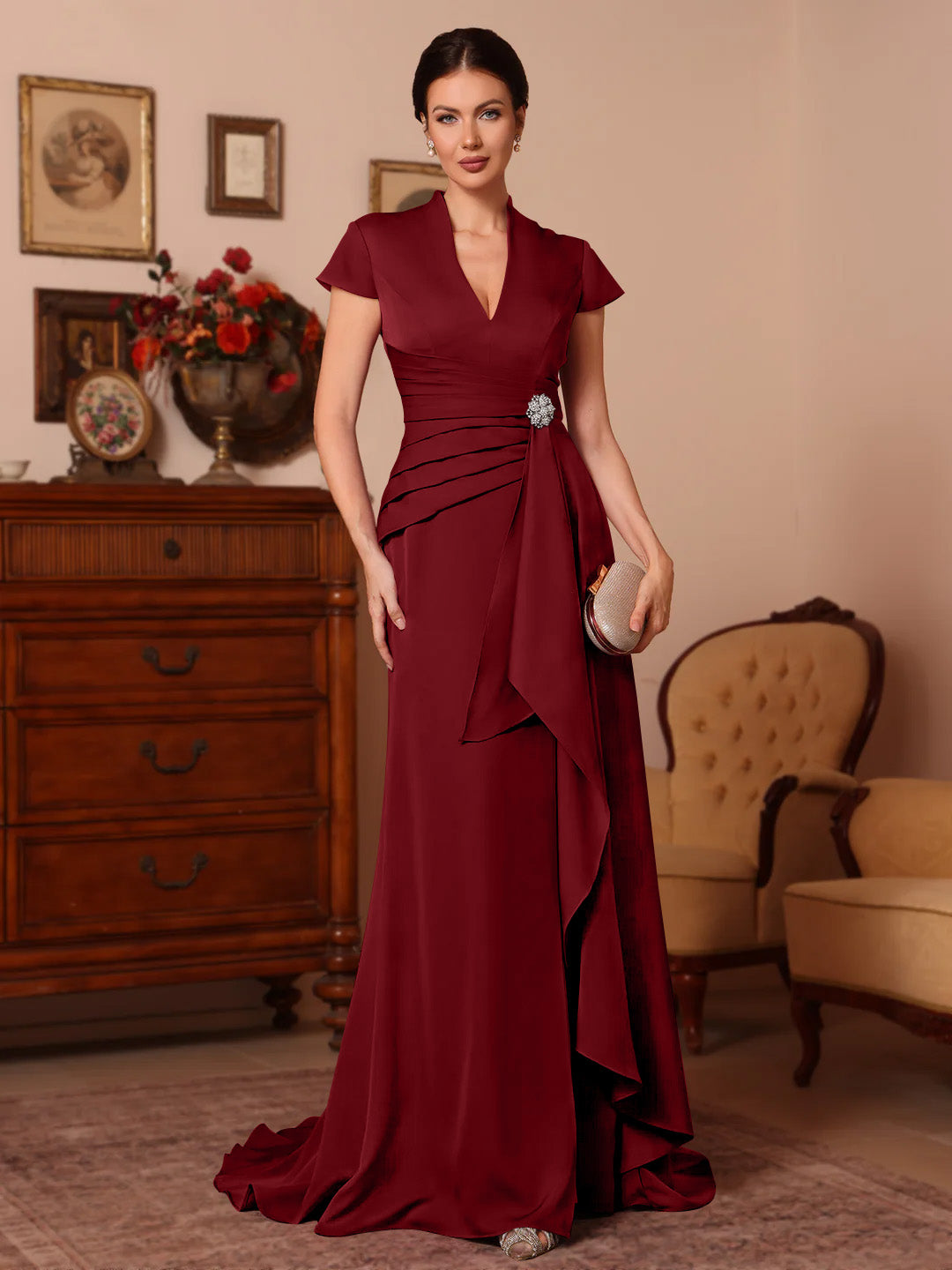 Trompette/Sirène Col en V Satin Extensible Robes Mère de La Mariée Manches Courtes Longueur du Sol Froufrous
