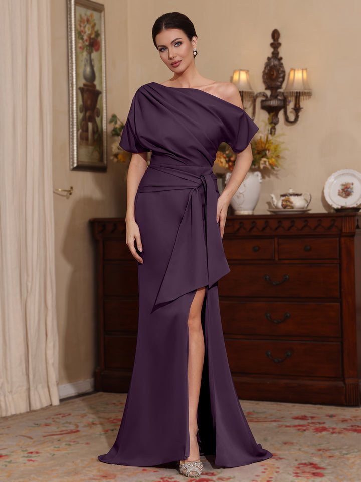 Trompette/Sirène Une Épaule Satin Extensible Robes Mère de La Mariée Longueur du Sol Fente Latérale