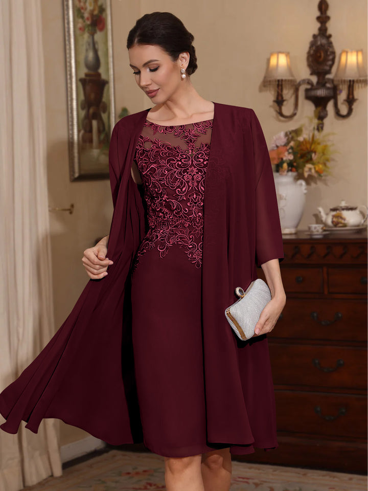 2 Pièces Gaine/Colonne Scoop Mousseline Robes Mère de La Mariée avec Veste Dentelle  Longueur Genou  3/4 Manches