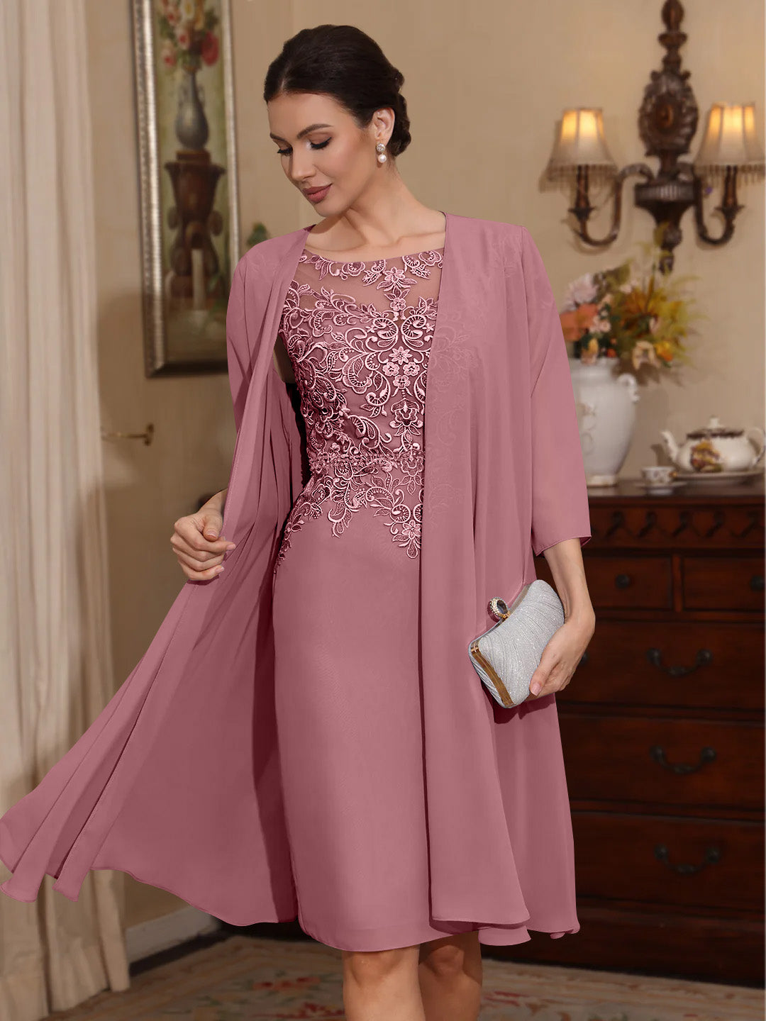2 Pièces Gaine/Colonne Scoop Mousseline Robes Mère de La Mariée avec Veste Dentelle  Longueur Genou  3/4 Manches