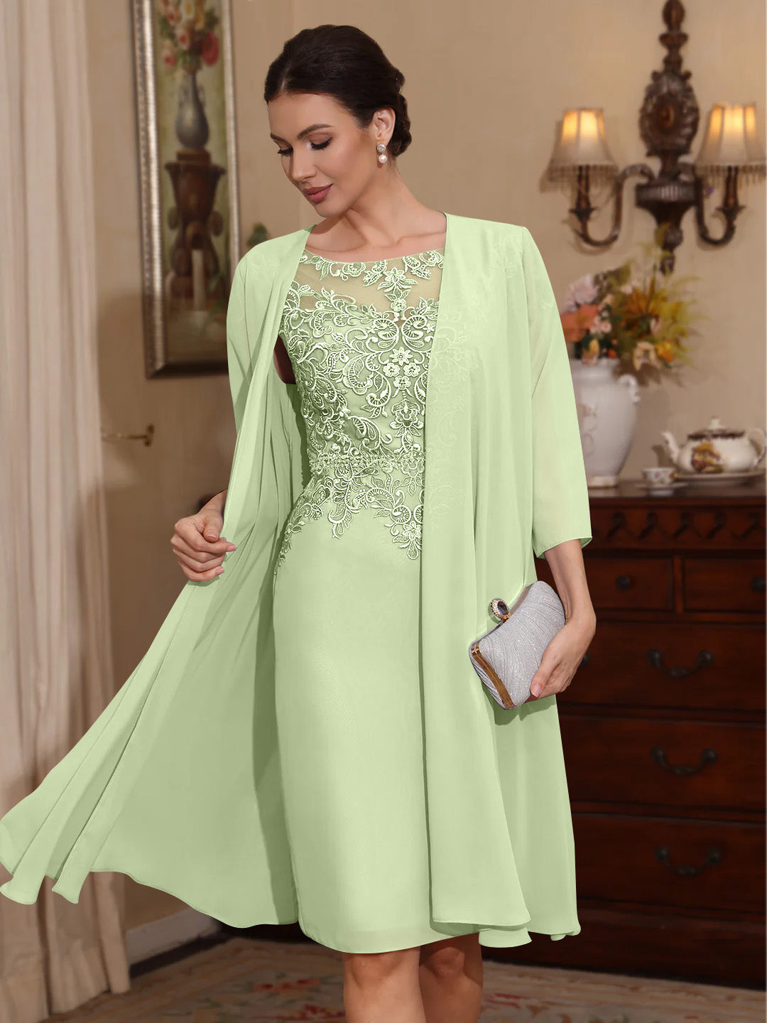 2 Pièces Gaine/Colonne Scoop Mousseline Robes Mère de La Mariée avec Veste Dentelle  Longueur Genou  3/4 Manches