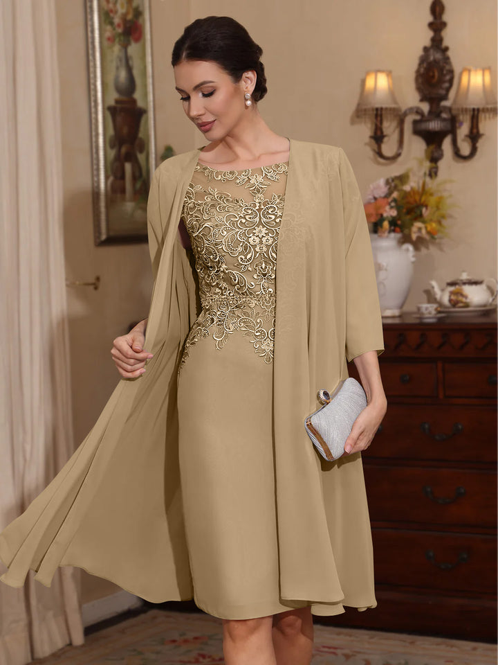 2 Pièces Gaine/Colonne Scoop Mousseline Robes Mère de La Mariée avec Veste Dentelle  Longueur Genou  3/4 Manches