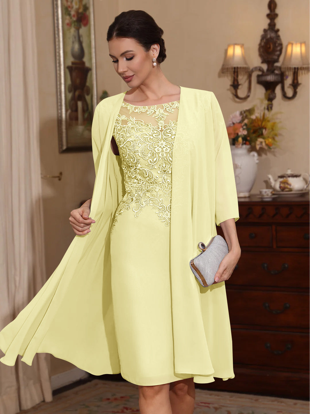 2 Pièces Gaine/Colonne Scoop Mousseline Robes Mère de La Mariée avec Veste Dentelle  Longueur Genou  3/4 Manches