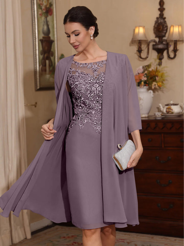 2 Pièces Gaine/Colonne Scoop Mousseline Robes Mère de La Mariée avec Veste Dentelle  Longueur Genou  3/4 Manches