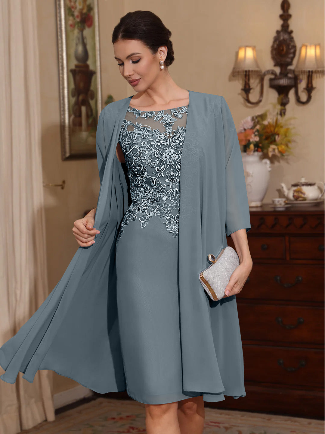 2 Pièces Gaine/Colonne Scoop Mousseline Robes Mère de La Mariée avec Veste Dentelle  Longueur Genou  3/4 Manches