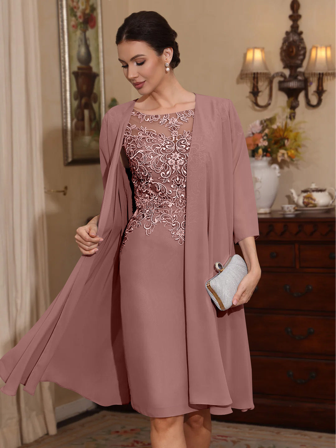 2 Pièces Gaine/Colonne Scoop Mousseline Robes Mère de La Mariée avec Veste Dentelle  Longueur Genou  3/4 Manches