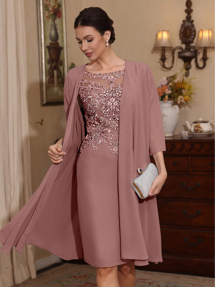 2 Pièces Gaine/Colonne Scoop Mousseline Robes Mère de La Mariée avec Veste Dentelle  Longueur Genou  3/4 Manches