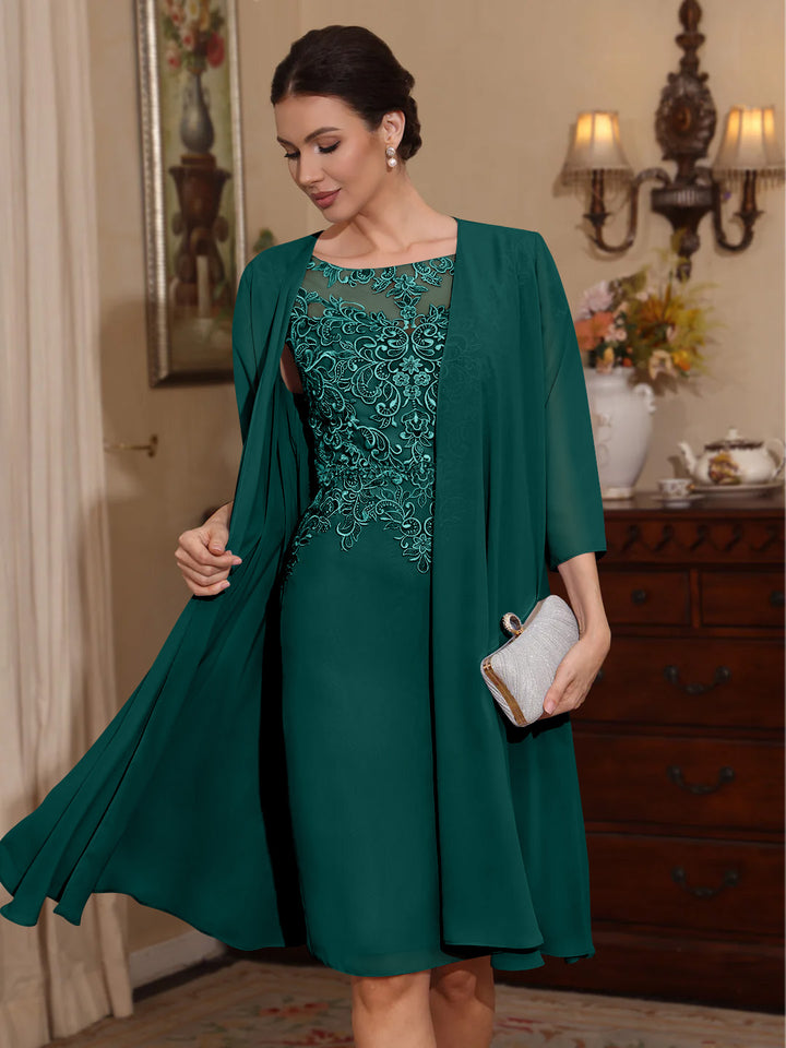 2 Pièces Gaine/Colonne Scoop Mousseline Robes Mère de La Mariée avec Veste Dentelle  Longueur Genou  3/4 Manches