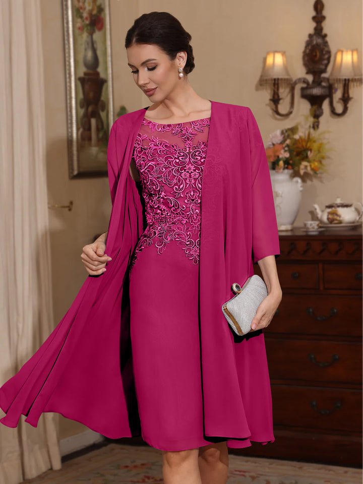 2 Pièces Gaine/Colonne Scoop Mousseline Robes Mère de La Mariée avec Veste Dentelle  Longueur Genou  3/4 Manches