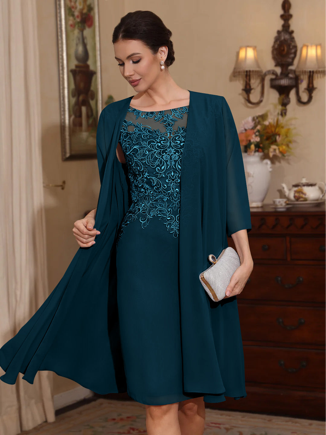 2 Pièces Gaine/Colonne Scoop Mousseline Robes Mère de La Mariée avec Veste Dentelle  Longueur Genou  3/4 Manches