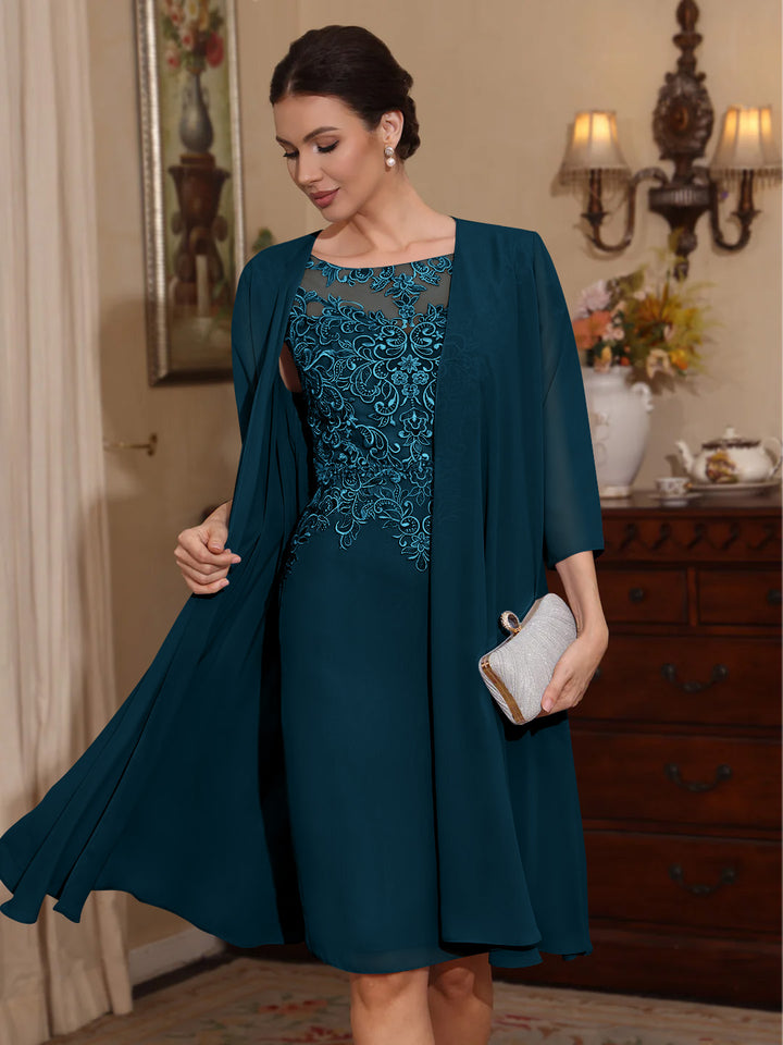 2 Pièces Gaine/Colonne Scoop Mousseline Robes Mère de La Mariée avec Veste Dentelle  Longueur Genou  3/4 Manches