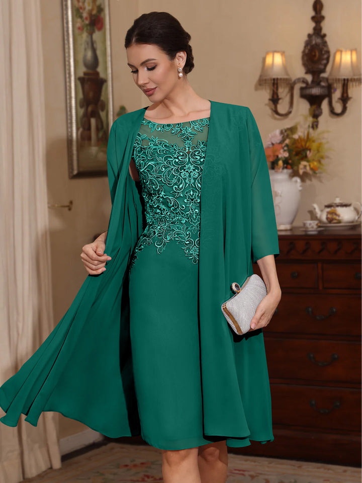 2 Pièces Gaine/Colonne Scoop Mousseline Robes Mère de La Mariée avec Veste Dentelle  Longueur Genou  3/4 Manches