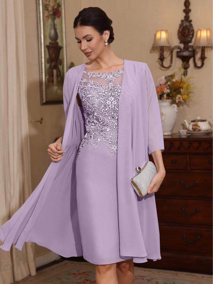 2 Pièces Gaine/Colonne Scoop Mousseline Robes Mère de La Mariée avec Veste Dentelle  Longueur Genou  3/4 Manches