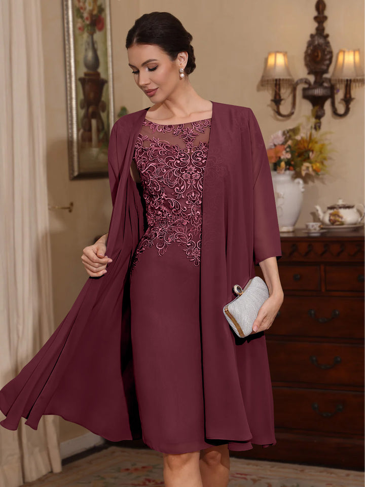 2 Pièces Gaine/Colonne Scoop Mousseline Robes Mère de La Mariée avec Veste Dentelle  Longueur Genou  3/4 Manches