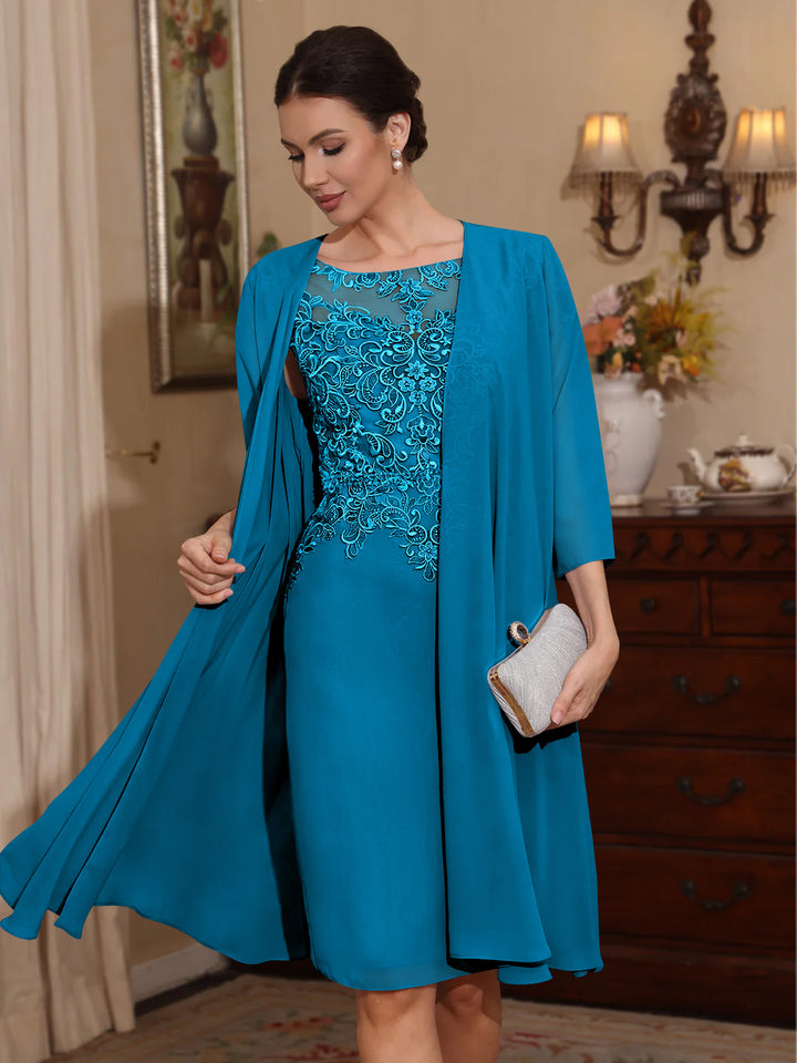2 Pièces Gaine/Colonne Scoop Mousseline Robes Mère de La Mariée avec Veste Dentelle  Longueur Genou  3/4 Manches