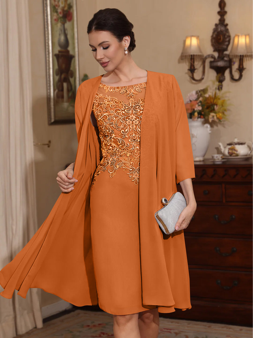 2 Pièces Gaine/Colonne Scoop Mousseline Robes Mère de La Mariée avec Veste Dentelle  Longueur Genou  3/4 Manches