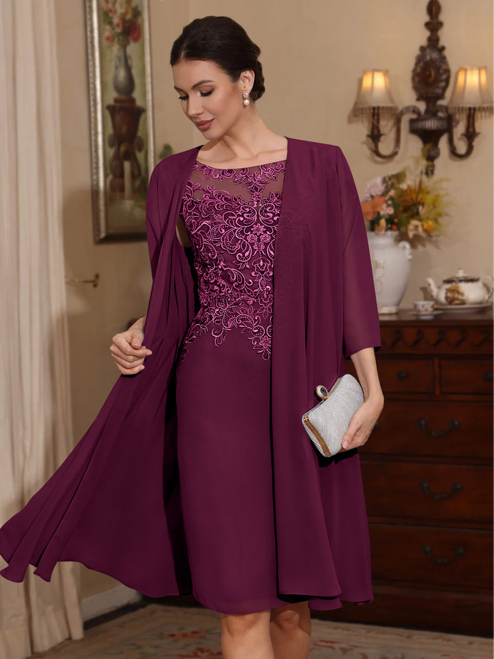 2 Pièces Gaine/Colonne Scoop Mousseline Robes Mère de La Mariée avec Veste Dentelle  Longueur Genou  3/4 Manches