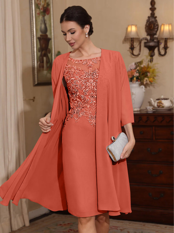2 Pièces Gaine/Colonne Scoop Mousseline Robes Mère de La Mariée avec Veste Dentelle  Longueur Genou  3/4 Manches