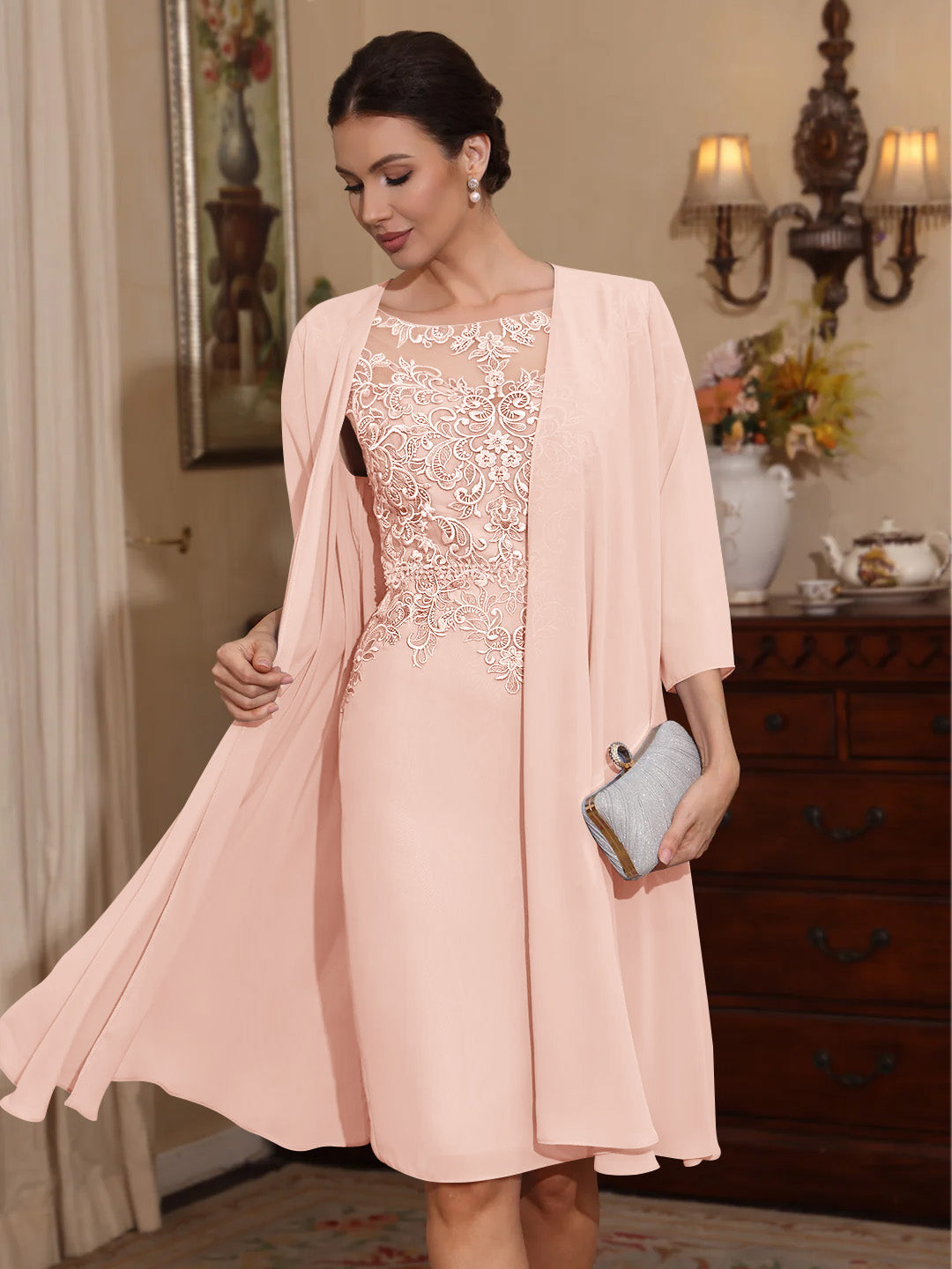 2 Pièces Gaine/Colonne Scoop Mousseline Robes Mère de La Mariée avec Veste Dentelle  Longueur Genou  3/4 Manches