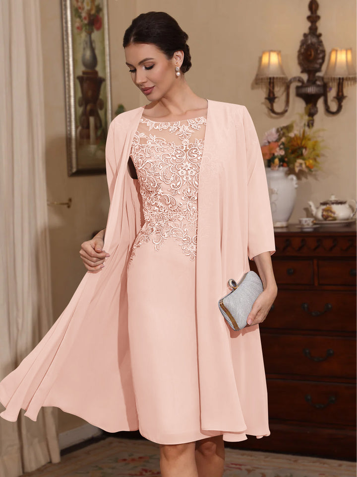 2 Pièces Gaine/Colonne Scoop Mousseline Robes Mère de La Mariée avec Veste Dentelle  Longueur Genou  3/4 Manches