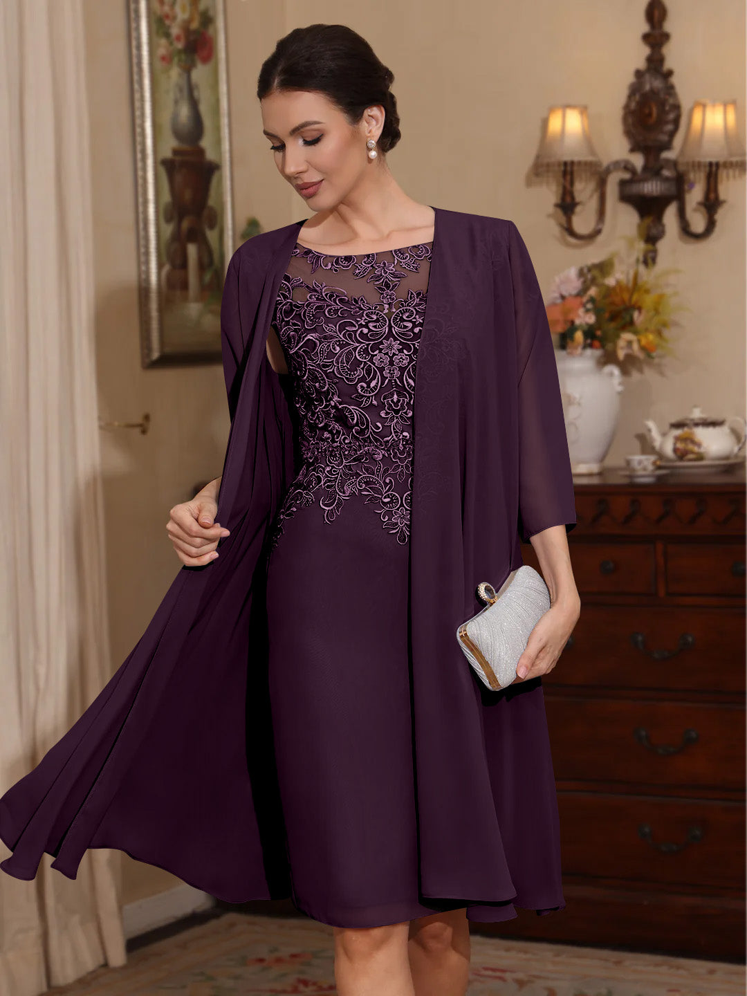 2 Pièces Gaine/Colonne Scoop Mousseline Robes Mère de La Mariée avec Veste Dentelle  Longueur Genou  3/4 Manches