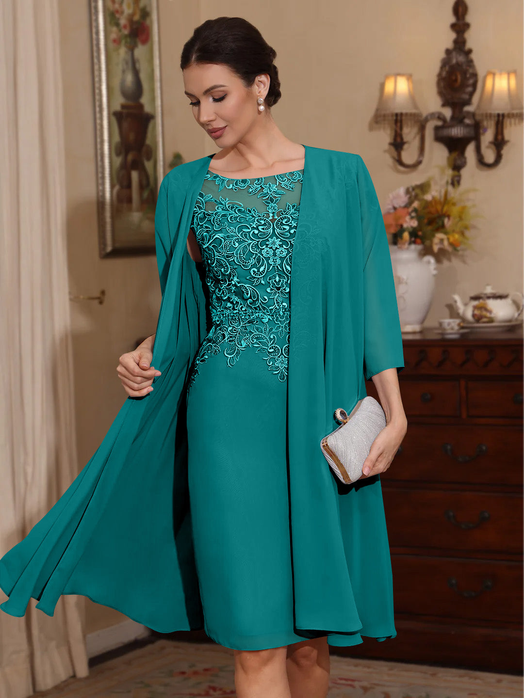 2 Pièces Gaine/Colonne Scoop Mousseline Robes Mère de La Mariée avec Veste Dentelle  Longueur Genou  3/4 Manches