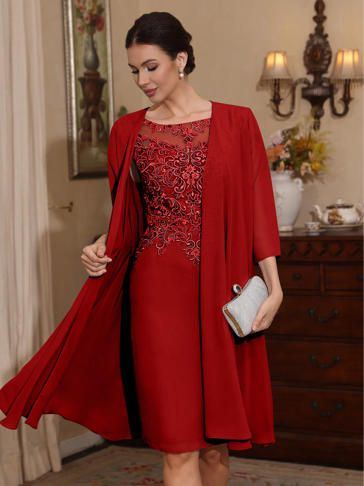 2 Pièces Gaine/Colonne Scoop Mousseline Robes Mère de La Mariée avec Veste Dentelle  Longueur Genou  3/4 Manches