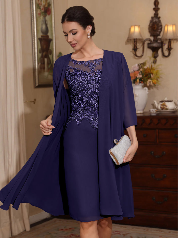 2 Pièces Gaine/Colonne Scoop Mousseline Robes Mère de La Mariée avec Veste Dentelle  Longueur Genou  3/4 Manches