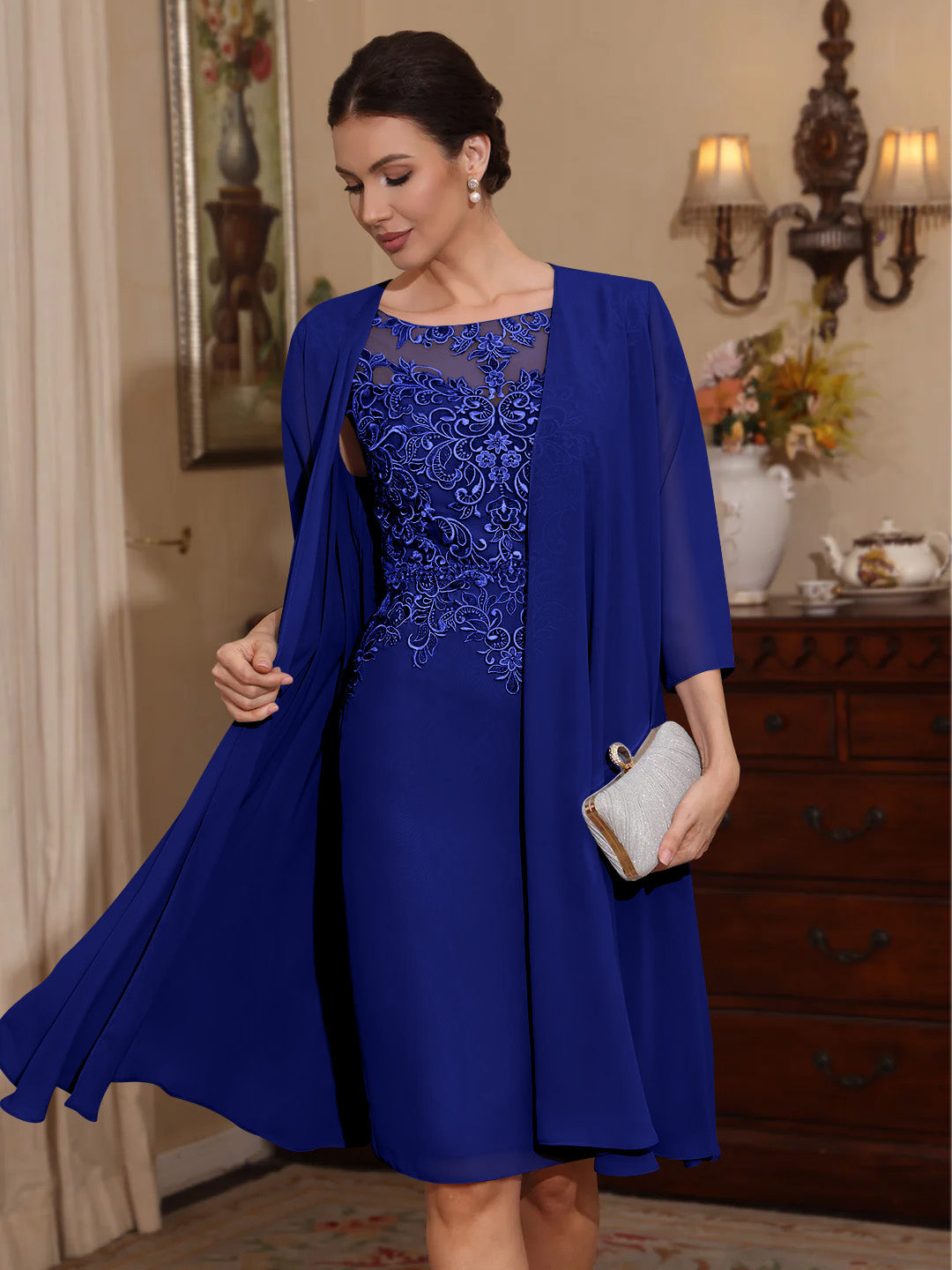 2 Pièces Gaine/Colonne Scoop Mousseline Robes Mère de La Mariée avec Veste Dentelle  Longueur Genou  3/4 Manches