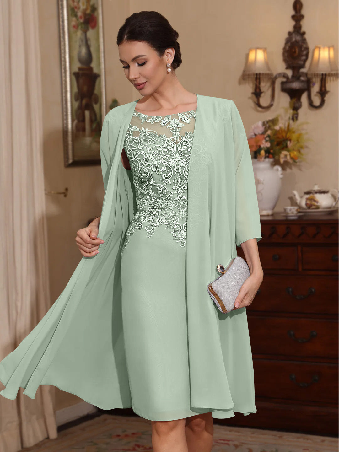 2 Pièces Gaine/Colonne Scoop Mousseline Robes Mère de La Mariée avec Veste Dentelle  Longueur Genou  3/4 Manches