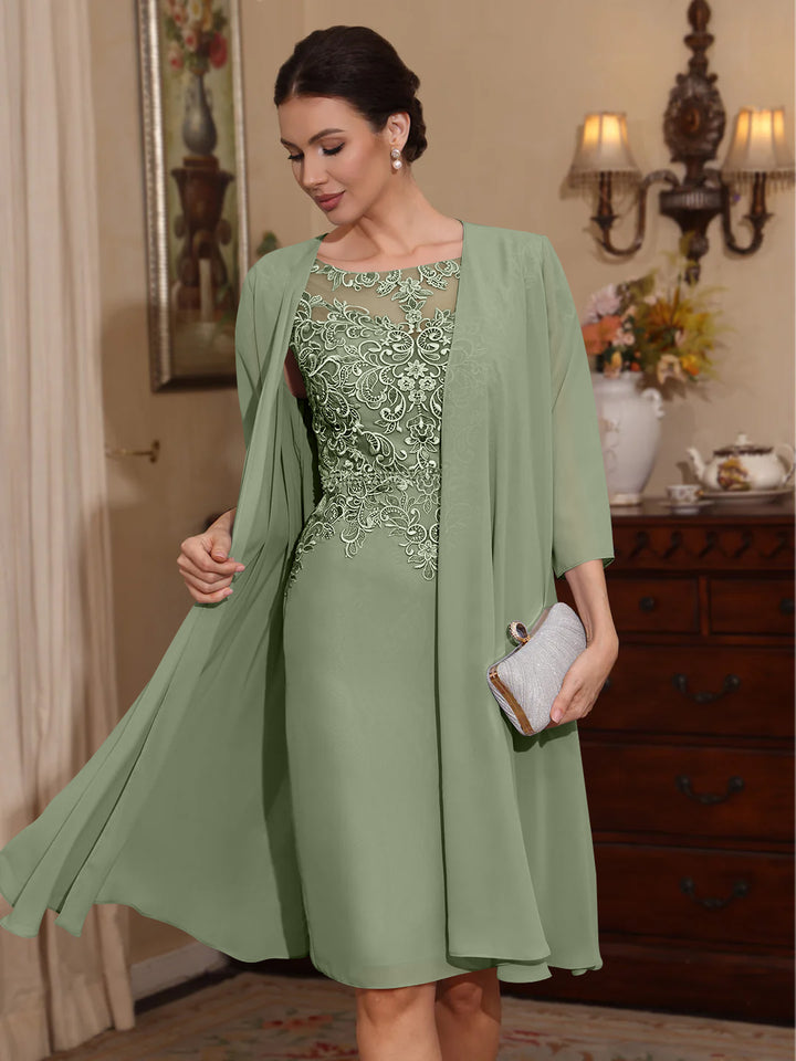 2 Pièces Gaine/Colonne Scoop Mousseline Robes Mère de La Mariée avec Veste Dentelle  Longueur Genou  3/4 Manches