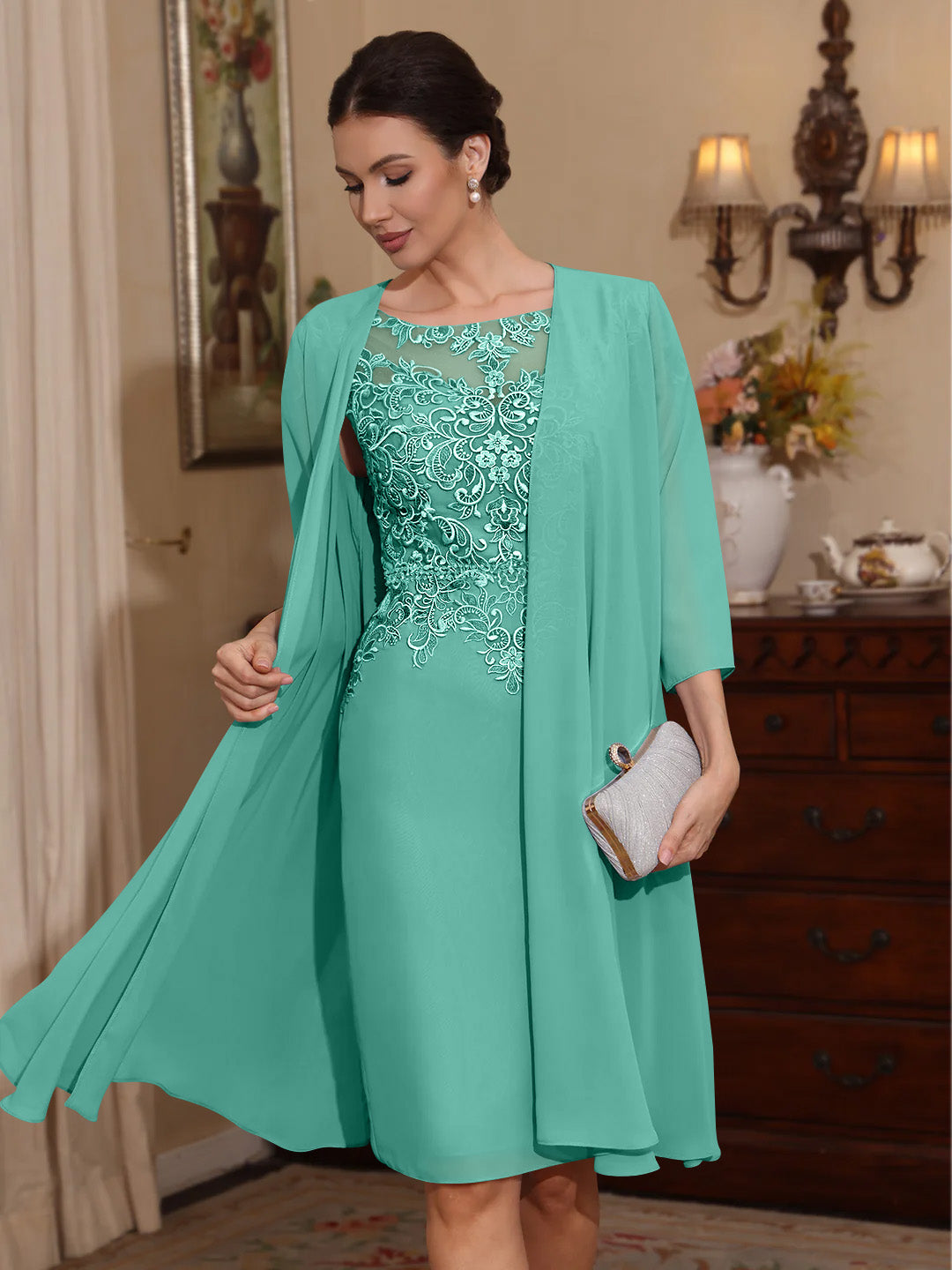 2 Pièces Gaine/Colonne Scoop Mousseline Robes Mère de La Mariée avec Veste Dentelle  Longueur Genou  3/4 Manches