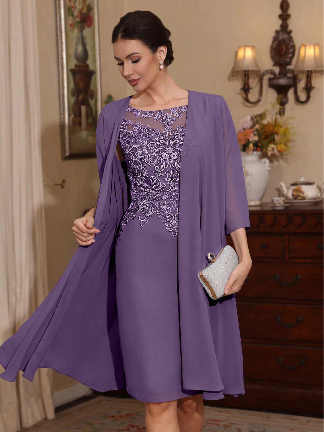2 Pièces Gaine/Colonne Scoop Mousseline Robes Mère de La Mariée avec Veste Dentelle  Longueur Genou  3/4 Manches