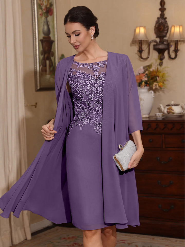 2 Pièces Gaine/Colonne Scoop Mousseline Robes Mère de La Mariée avec Veste Dentelle  Longueur Genou  3/4 Manches