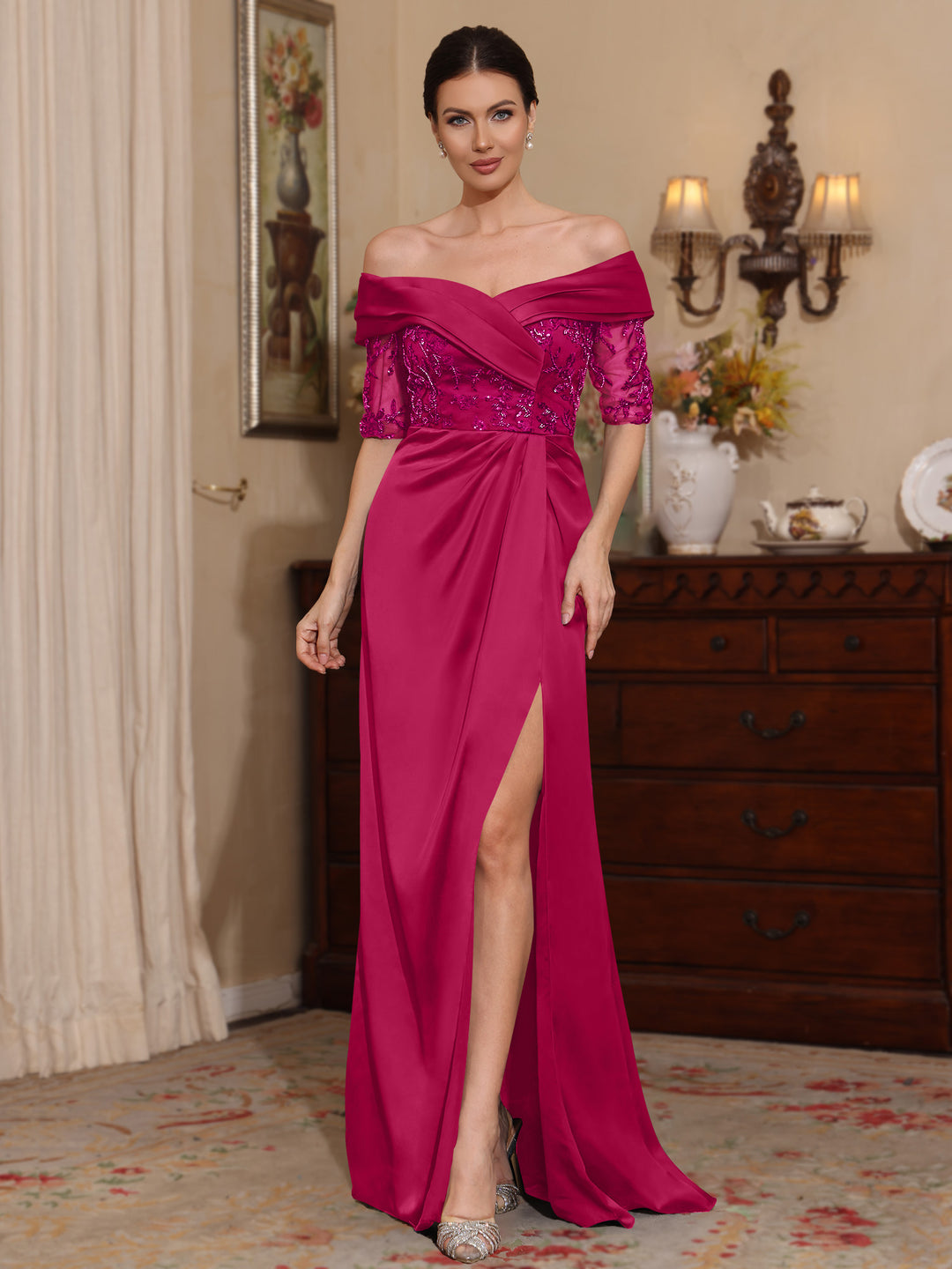 Gaine/Colonne Décolleté Satin Robes Mère de La Mariée Dentelle 1/2 Manches avec Fente Latérale