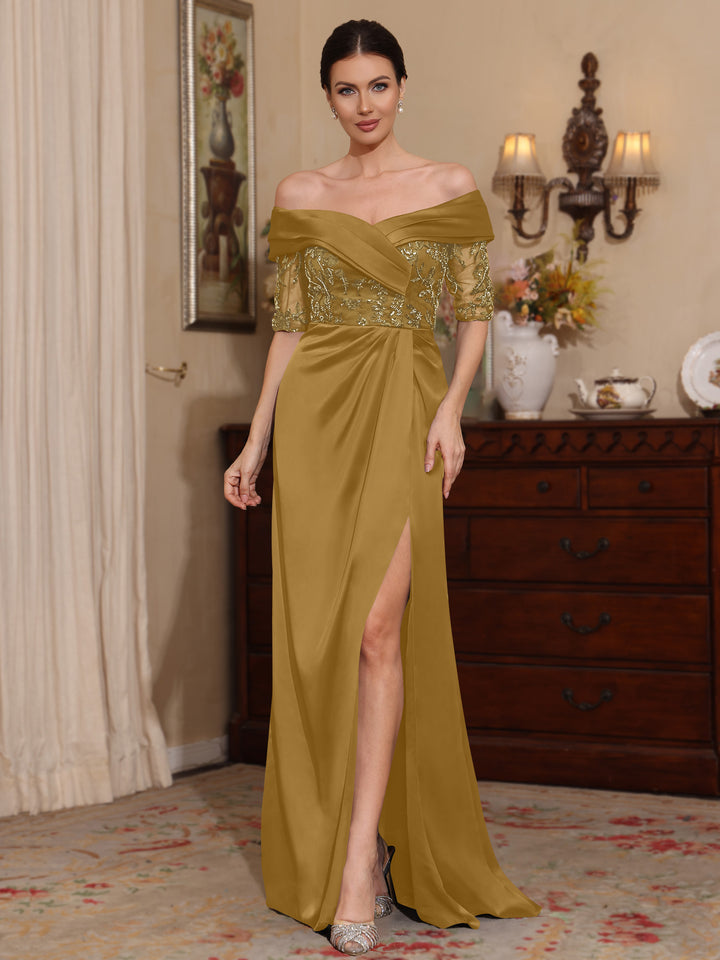 Gaine/Colonne Décolleté Satin Robes Mère de La Mariée Dentelle 1/2 Manches avec Fente Latérale