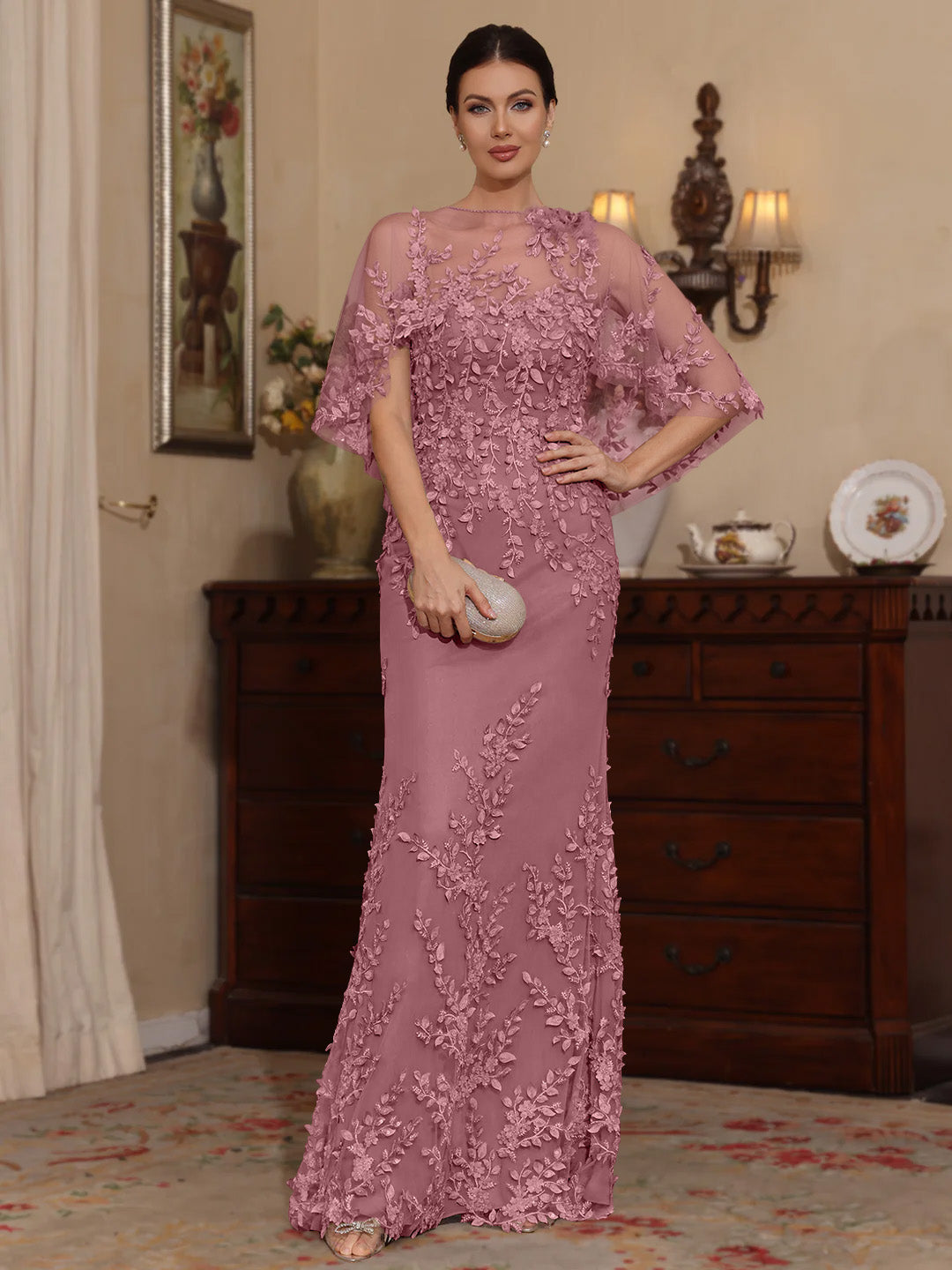 Deux Pièces Gaine/Colonne Scoop Dentelle Robes Mère de La Mariée avec Cape Perles Manches Courtes