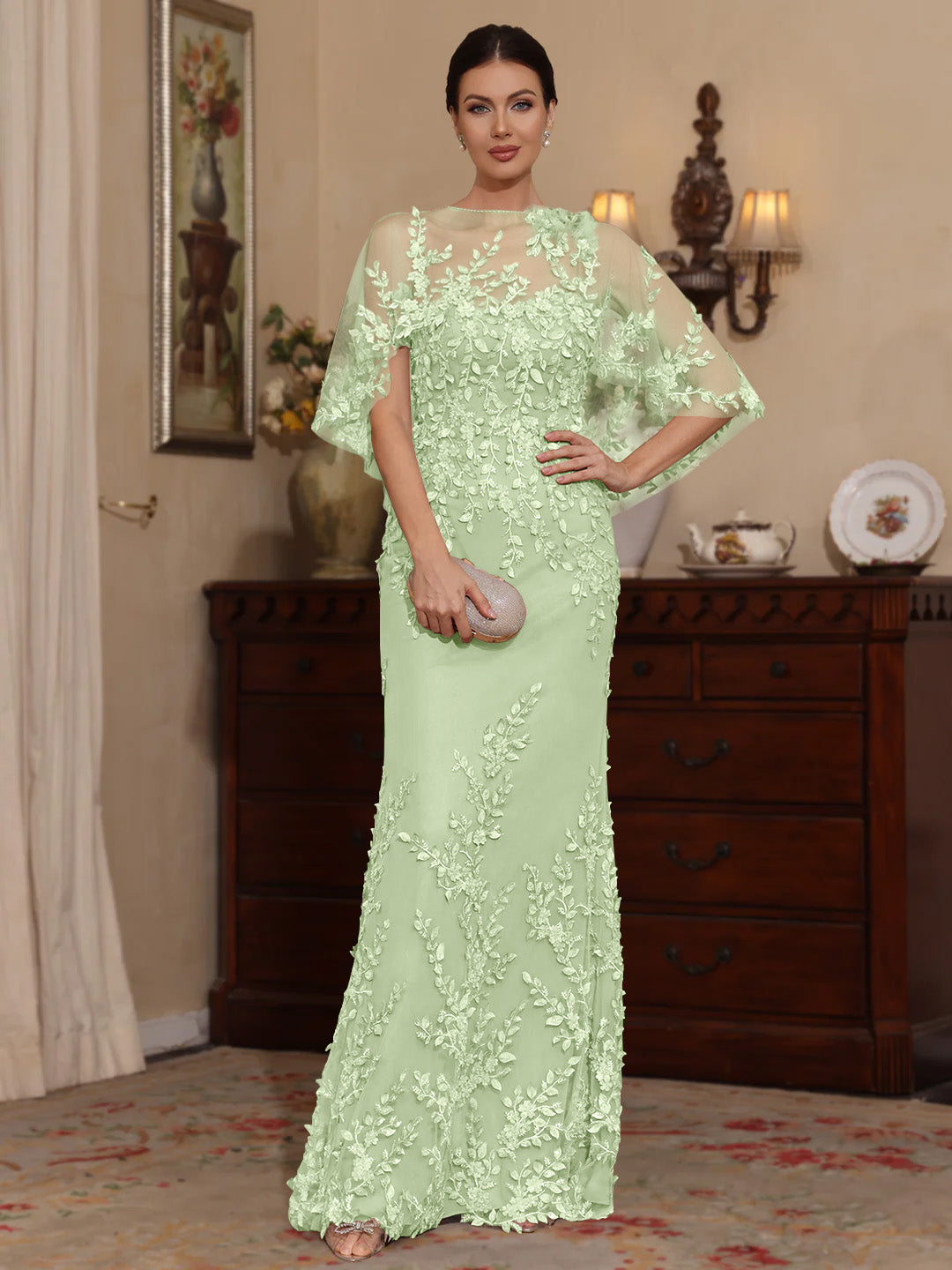 Deux Pièces Gaine/Colonne Scoop Dentelle Robes Mère de La Mariée avec Cape Perles Manches Courtes