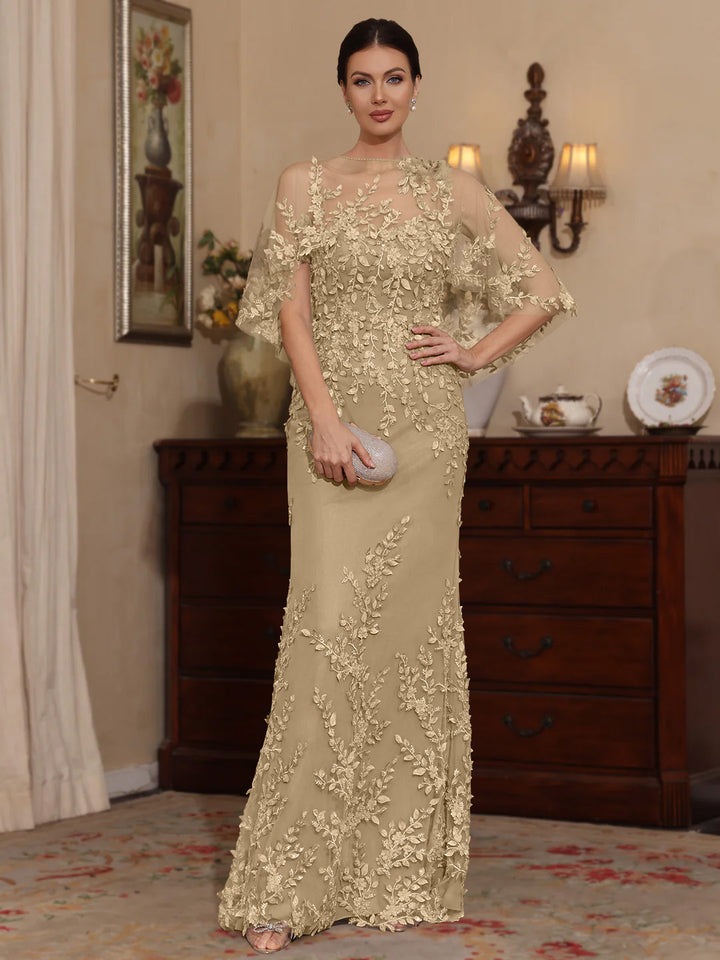 Deux Pièces Gaine/Colonne Scoop Dentelle Robes Mère de La Mariée avec Cape Perles Manches Courtes