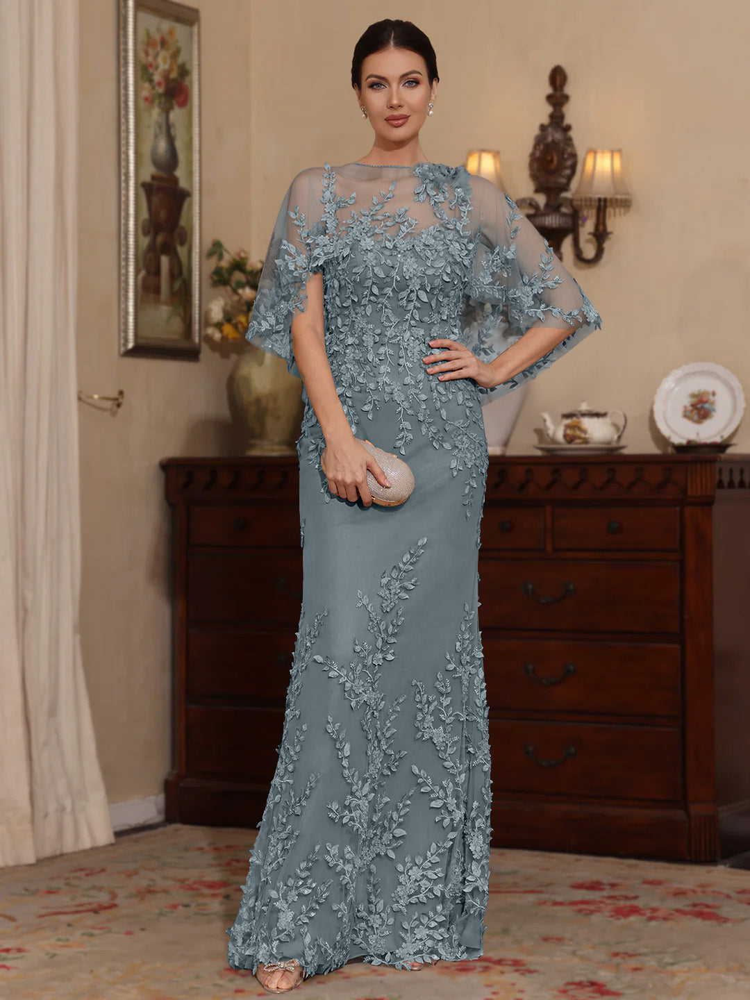 Deux Pièces Gaine/Colonne Scoop Dentelle Robes Mère de La Mariée avec Cape Perles Manches Courtes