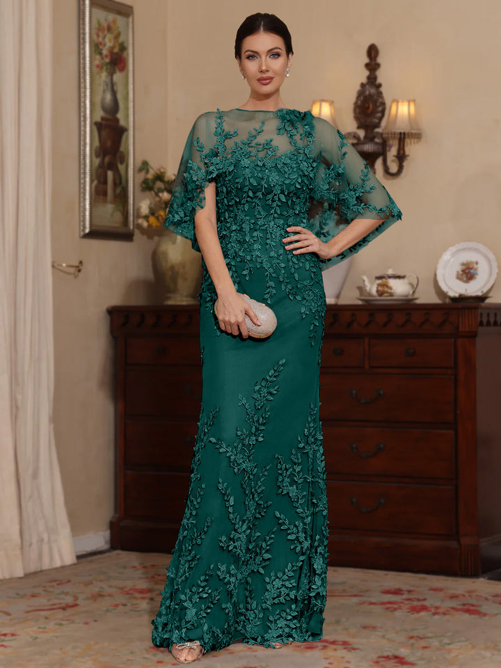 Deux Pièces Gaine/Colonne Scoop Dentelle Robes Mère de La Mariée avec Cape Perles Manches Courtes