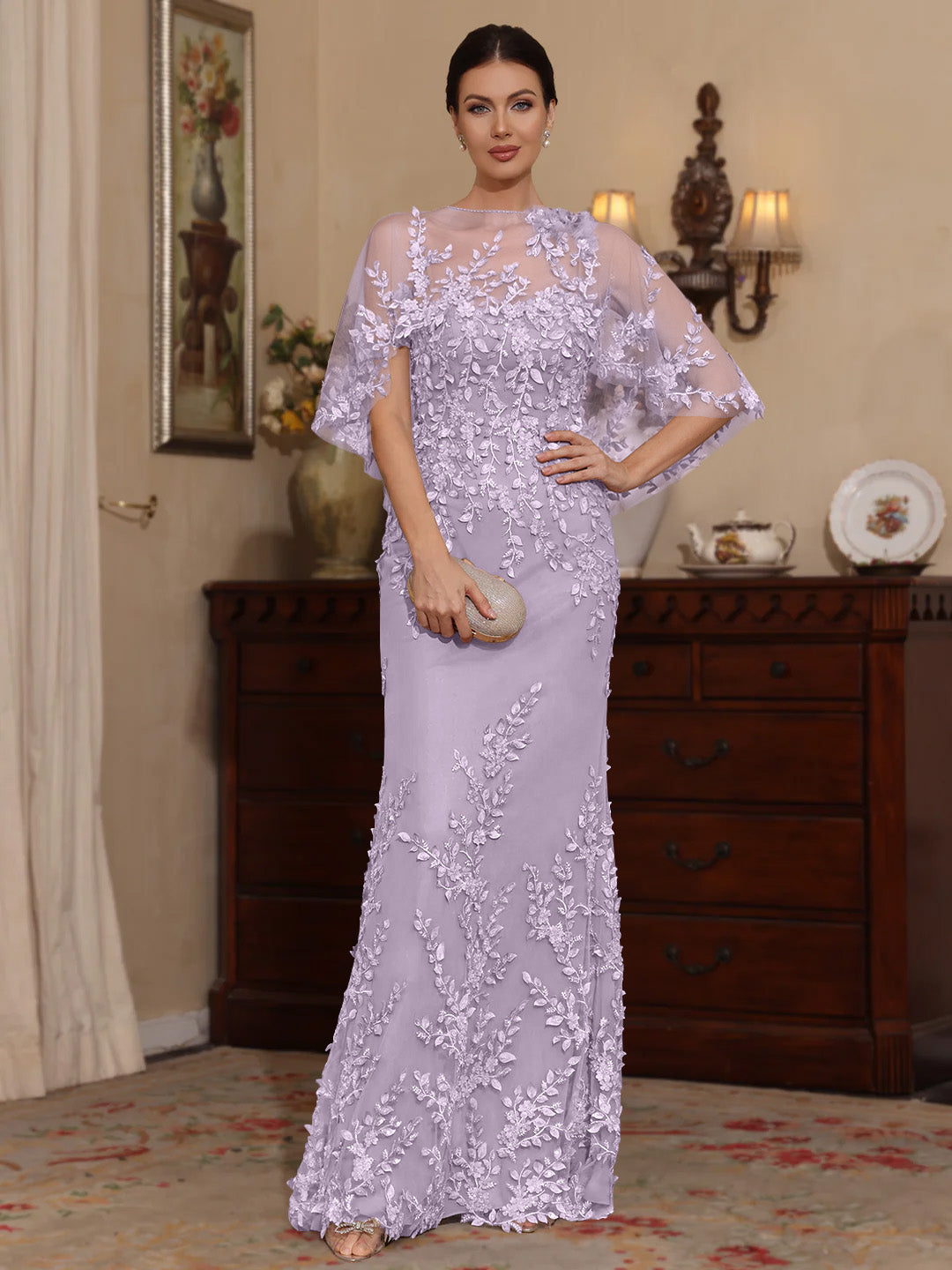 Deux Pièces Gaine/Colonne Scoop Dentelle Robes Mère de La Mariée avec Cape Perles Manches Courtes