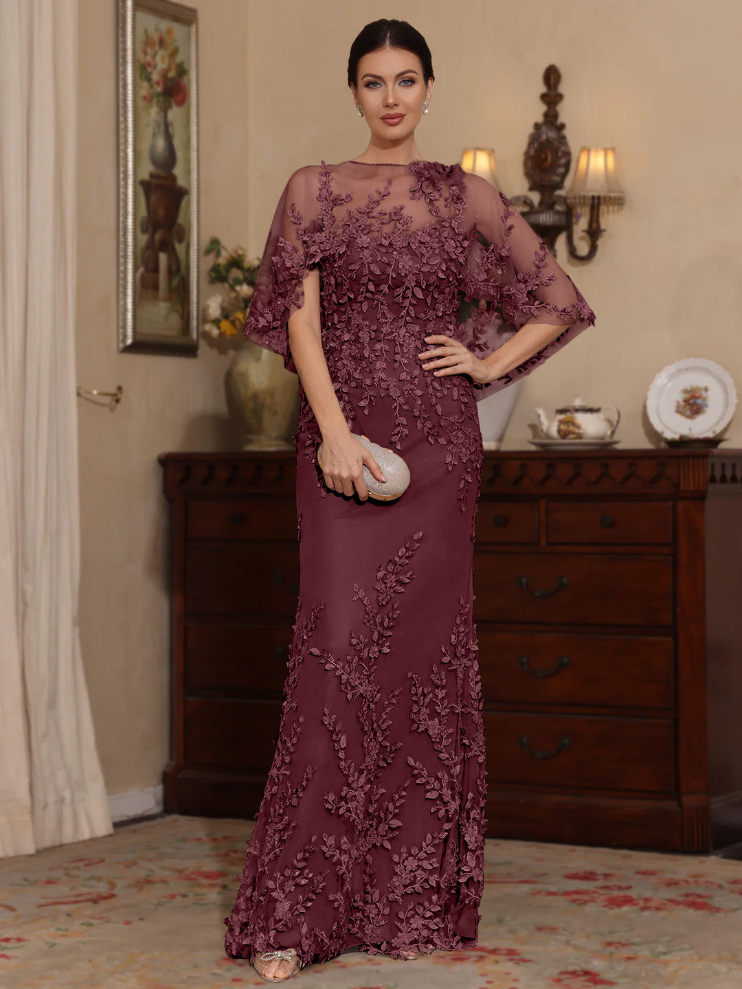Deux Pièces Gaine/Colonne Scoop Dentelle Robes Mère de La Mariée avec Cape Perles Manches Courtes